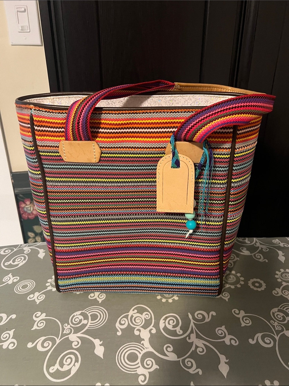 Colorful Striped Tote Bag with Leather Accents